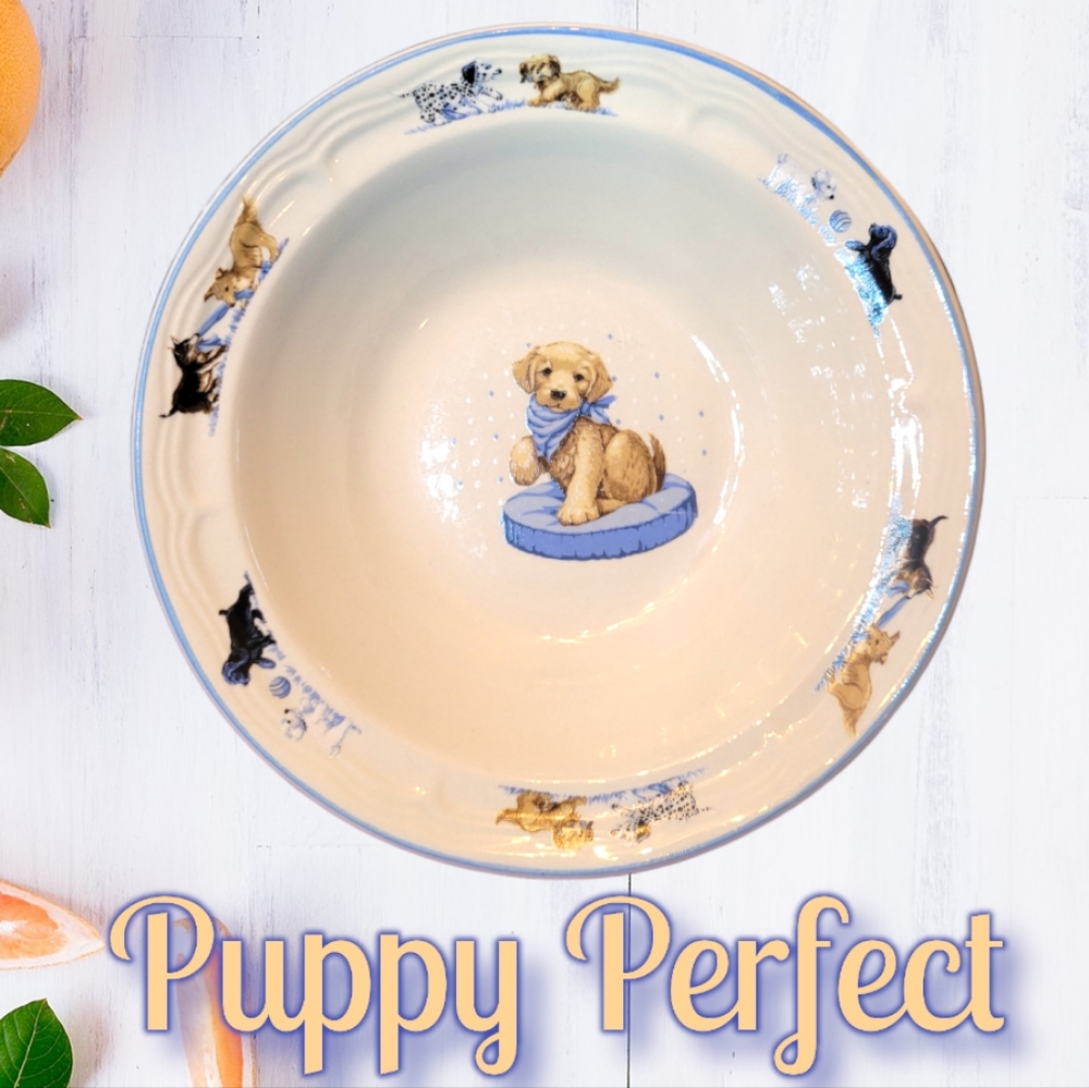 Vtg Bowl Tienshan Stoneware Soup Cereal Puppy Dog Dish